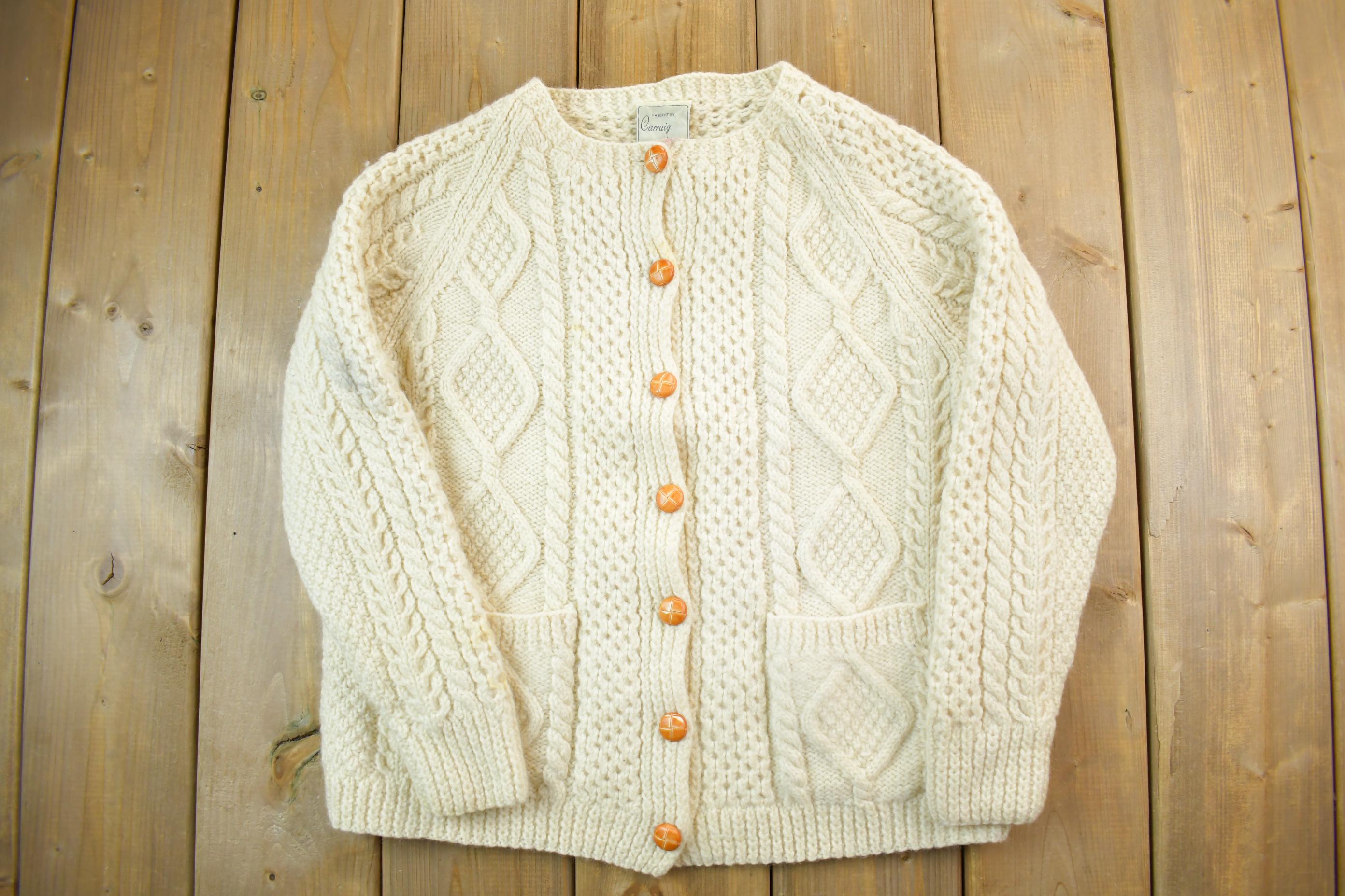 Vintage 1980s Tan Wool Cable Knit Crewneck Sweater Aran Island