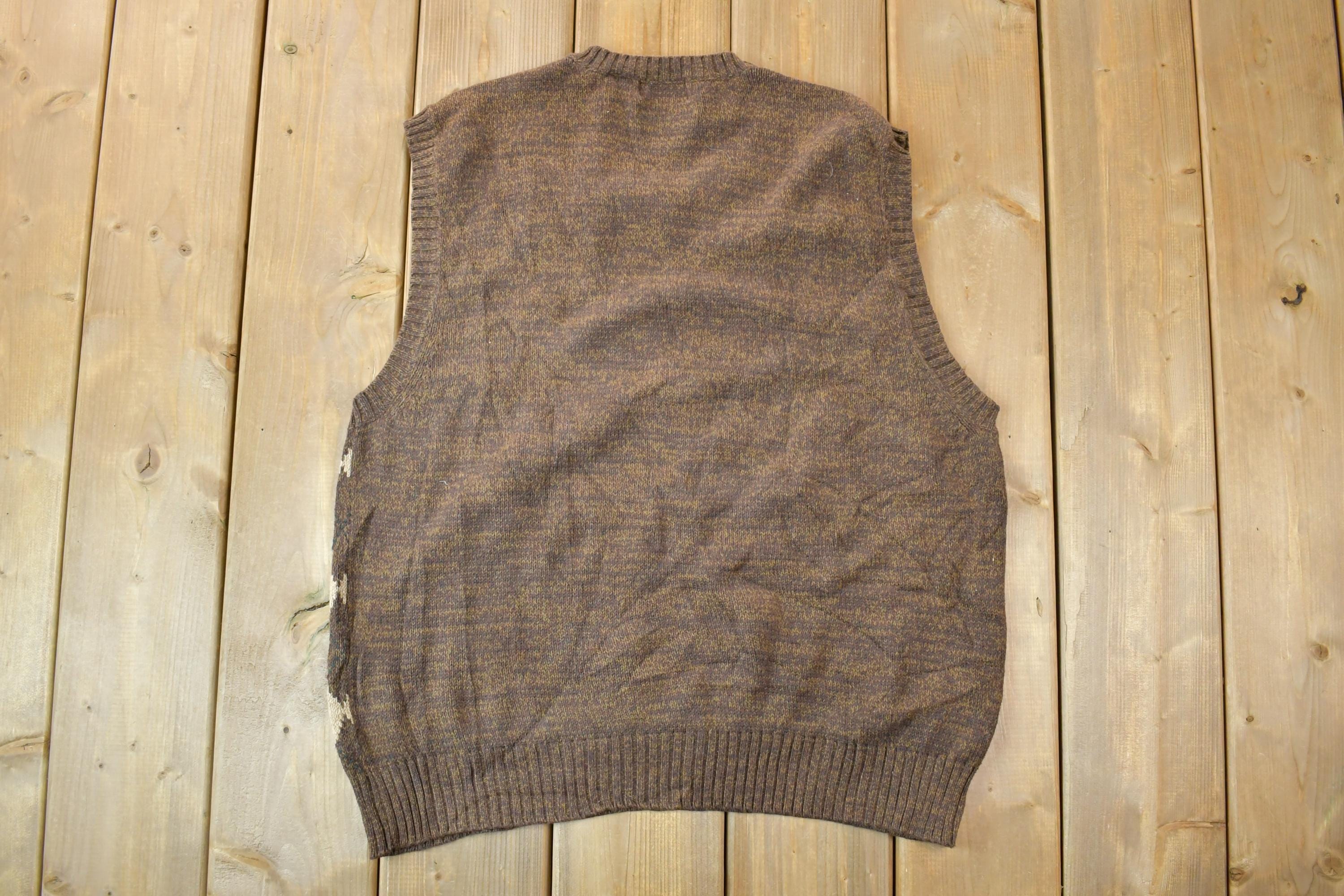Vintage 1990s St Johns Bay Brown Argyle Knit V Neck Sweater Vest