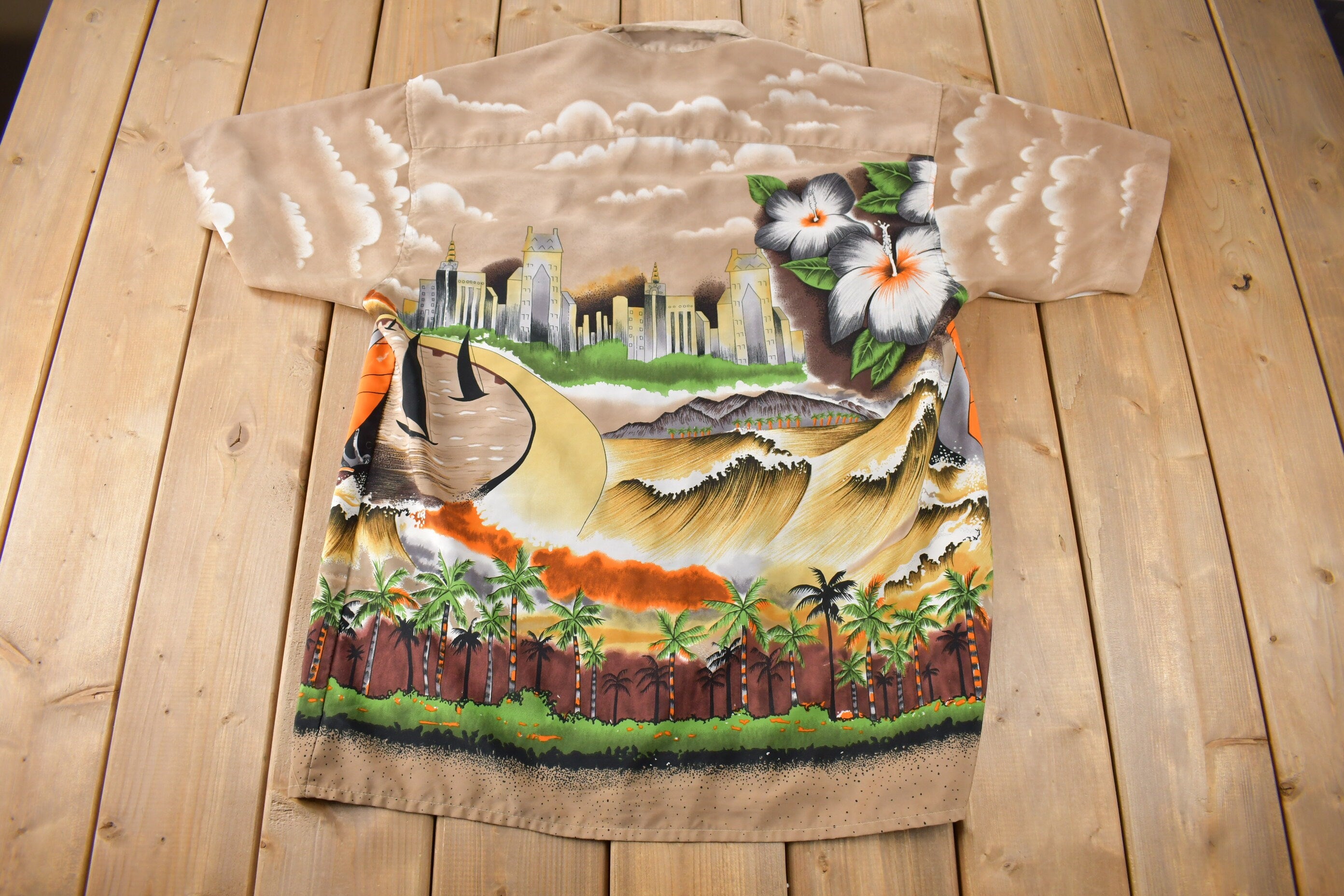 Vintage 1990s Koman Sport Sailboat Theme All Over Print Button Up Shirt Size L