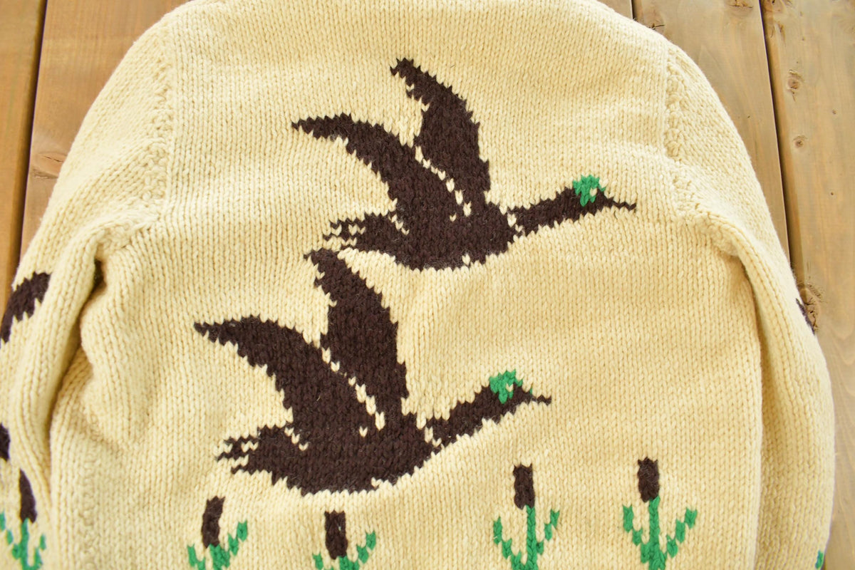 Vintage 1970s Hand-Knit Duck Birds Theme Wool Cowichan Sweater Men's Medium