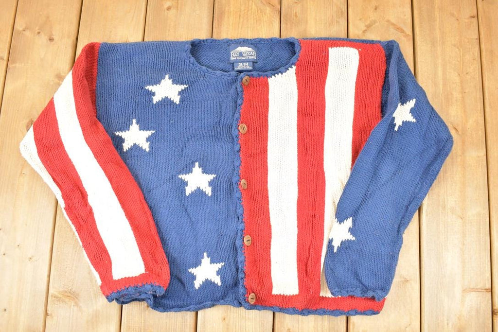 Vintage 1990s Rey Wear AOP American Flag Hand Knit Cardigan Sweater Womens S