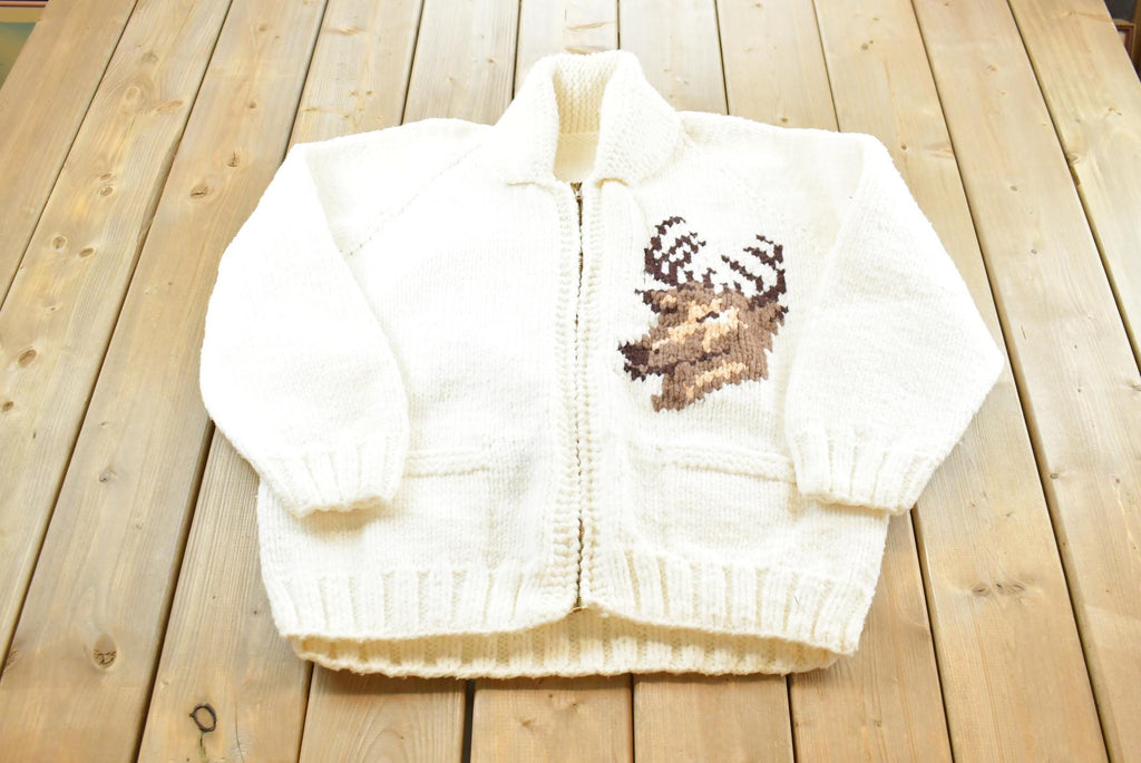 Vintage 1960s Cowichan Shawl Collar Knit Deer Sweater Men's XL