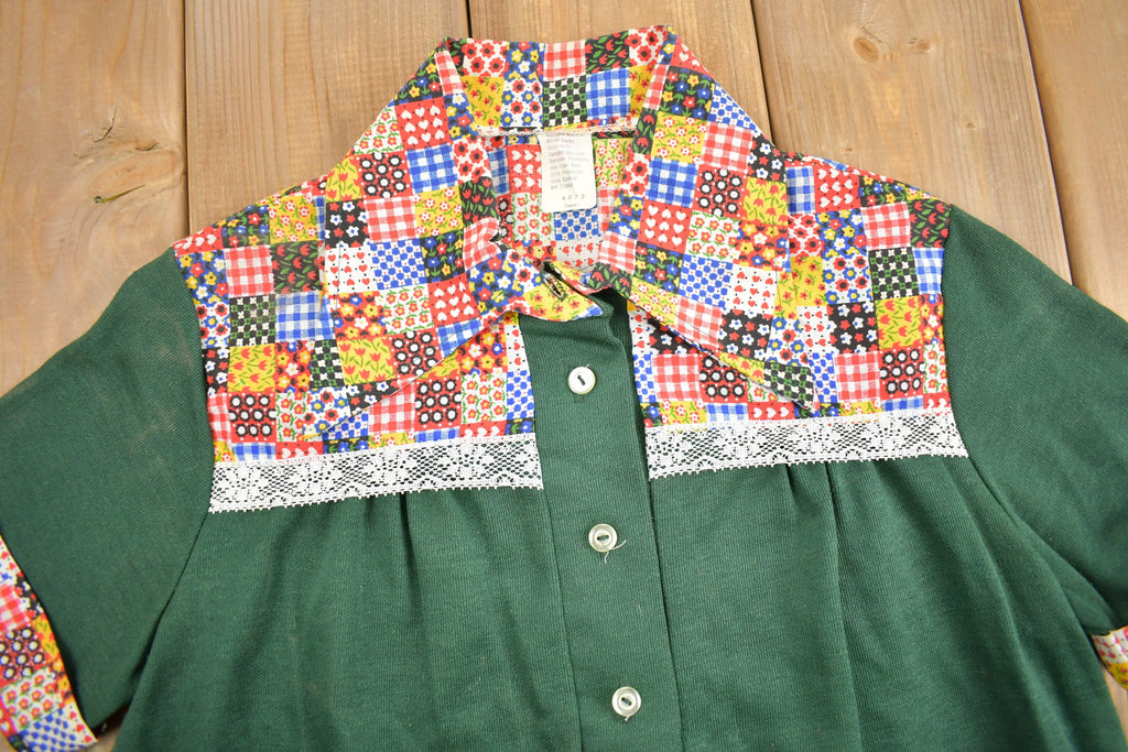 Vintage 1960s Patchwork Button Up Short Sleeve Polyester Shirt /