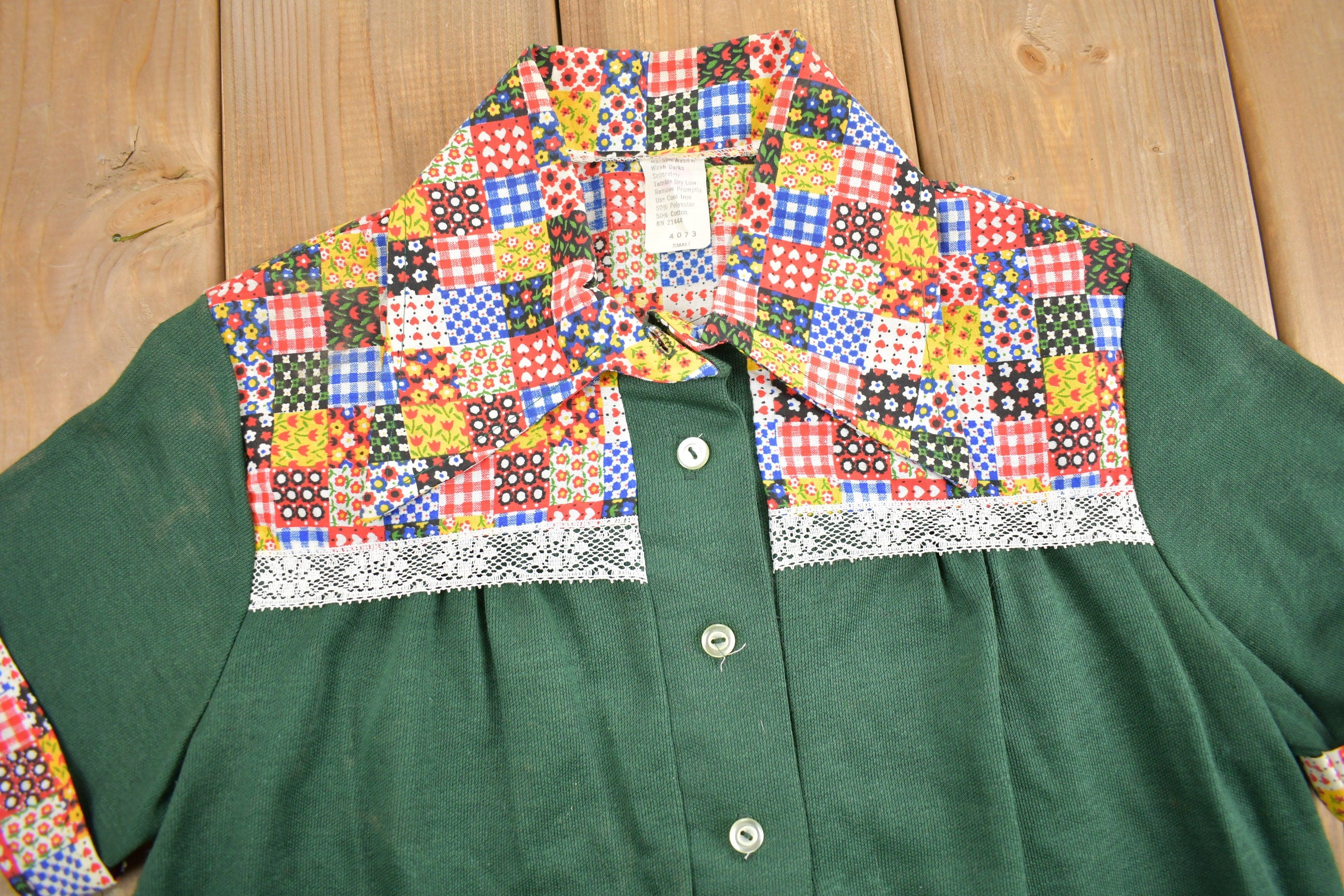 Vintage 1960s Patchwork Button Up Short Sleeve Polyester Shirt /