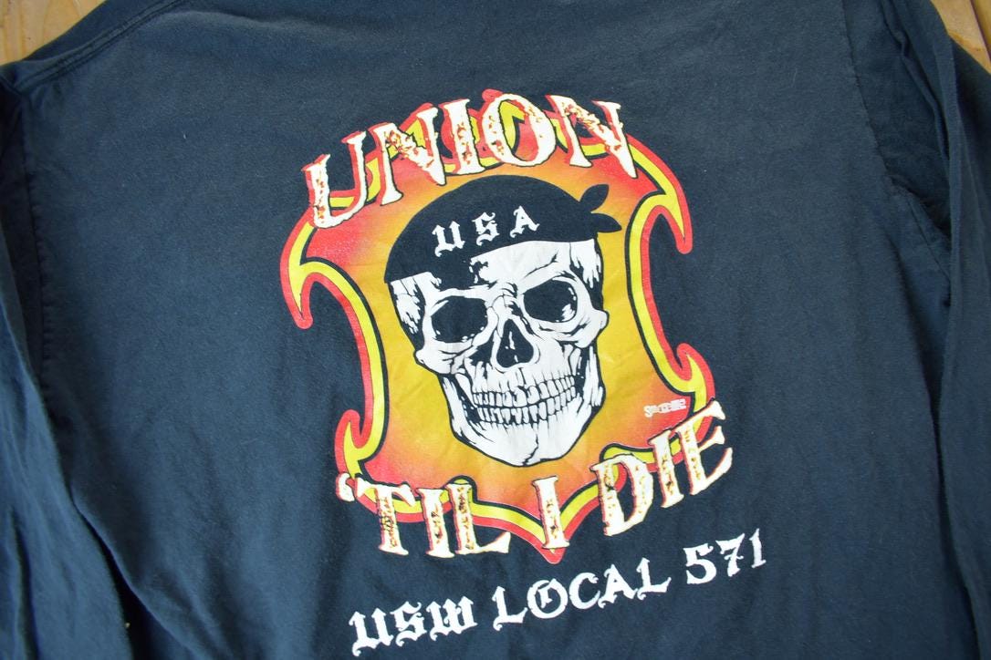 Vintage 1990s Union Till I Die USW Local 571 Long Sleeve Graphic T-Shirt