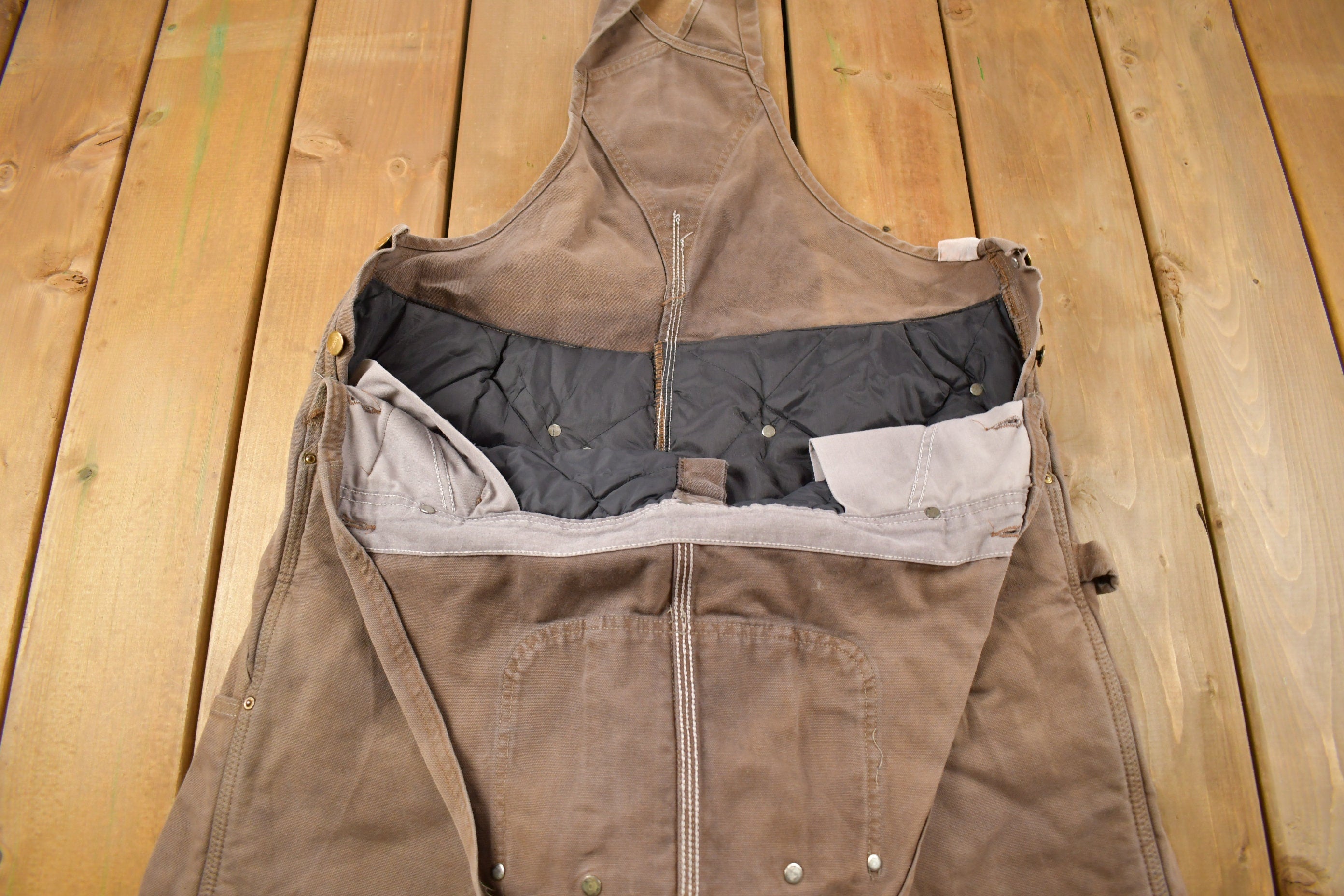 Vintage 1990s Carhartt Brown Double Knee Canvas Quilted Overalls Size 36 x 28