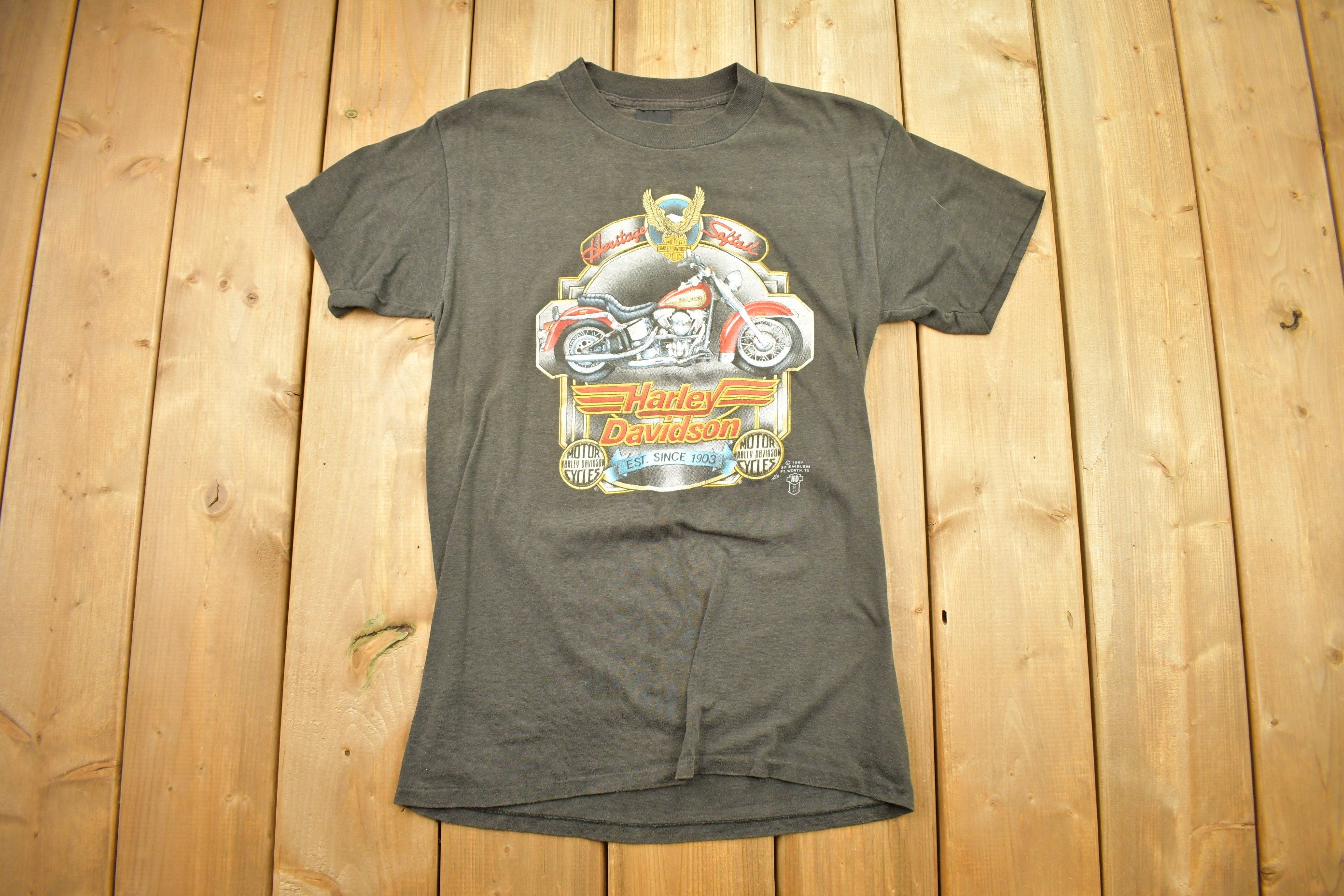 Vintage 1987 3D Emblem Harley Davidson Heritage Softail Biker Graphic T Shirt