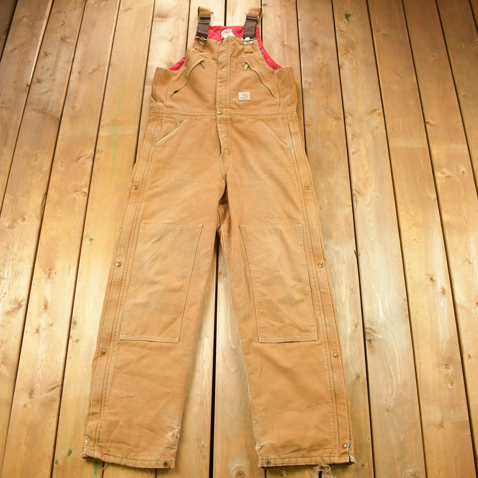 Vintage 1990s Carhartt Double Knee Distressed Canvas Zip Overalls Size 40 x 26