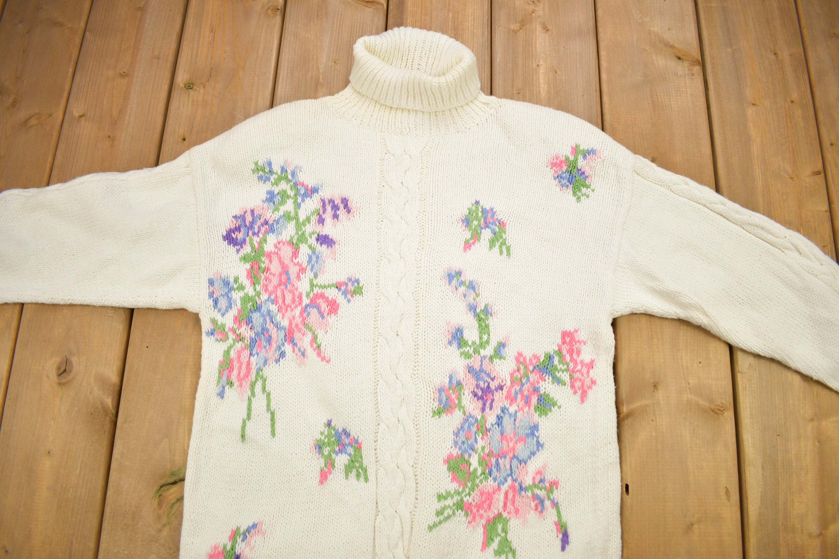 Vintage 1990s Cambridge Spirit Cable Knitted Floral Turtle Neck Sweater