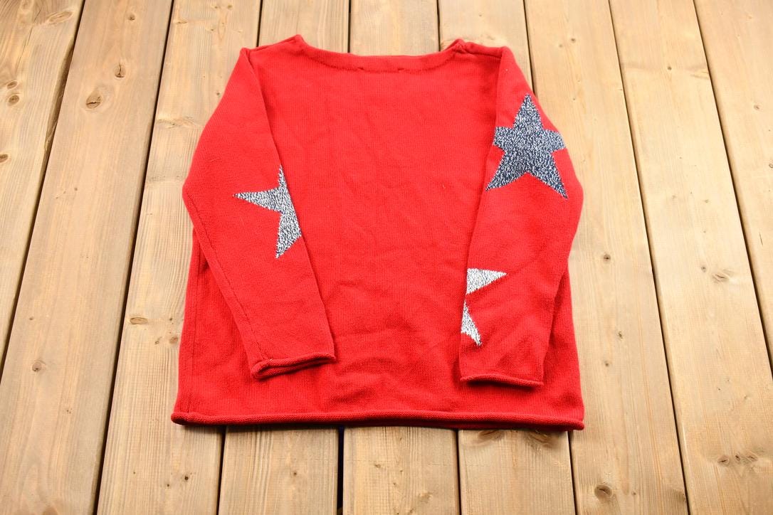 Vintage 1990s Women's Red Rolled Hem Norton Studio Star Pattern Knit Crewneck Sweater