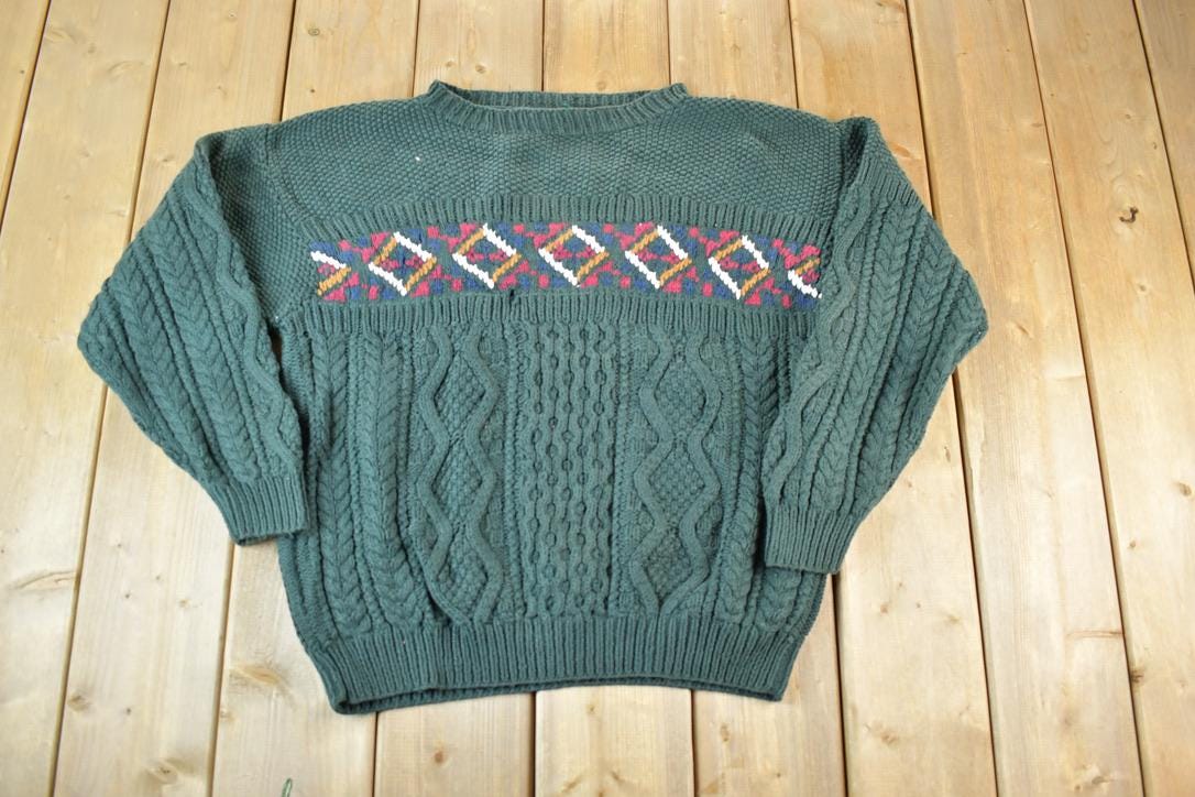 Vintage 1990s Quick Reflex Cable Knit Abstract Pattern Crewneck Sweater