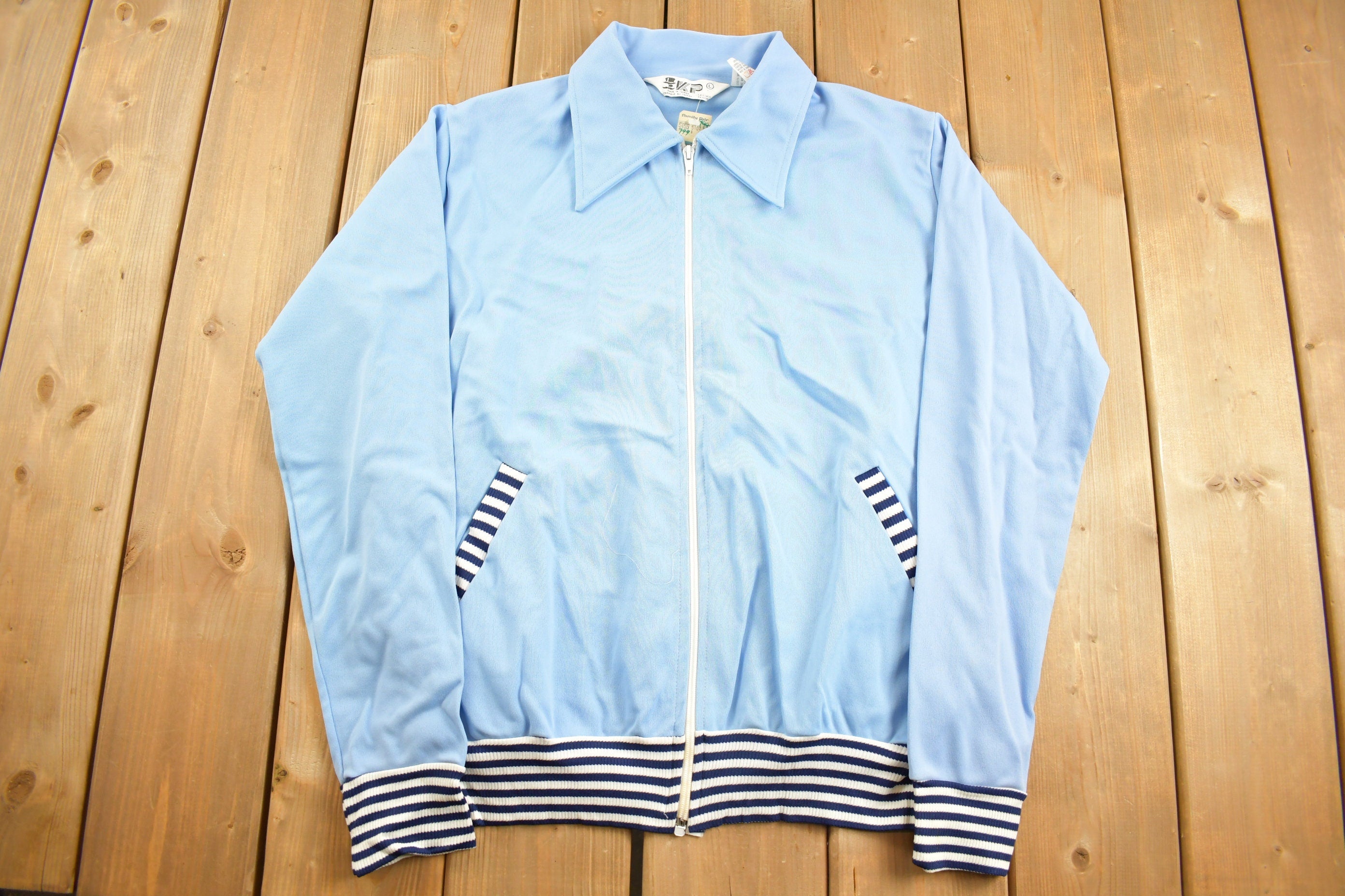 Vintage 1970s KP Spear Collar Zip Up Shirt Light Jacket Striped Cuffs