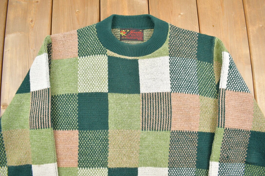 Vintage 1980s Green Patchwork Check Pattern Knit Crewneck Sweater / Vintage 80s Crewneck / All Over Pattern Sweatshirt / Abstract Pattern