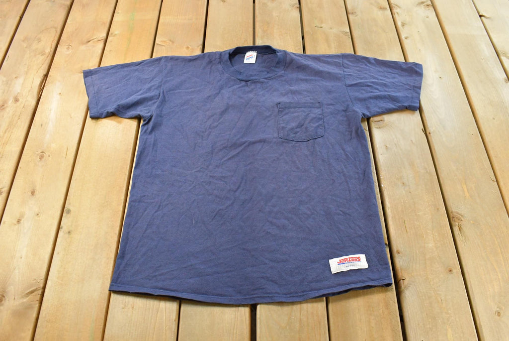 Vintage 1990s Jerzees Super T Blue Blank Pocket T-Shirt Men's L / Streetwear / Single Stitch / Made In USA / 90s Basic Tee