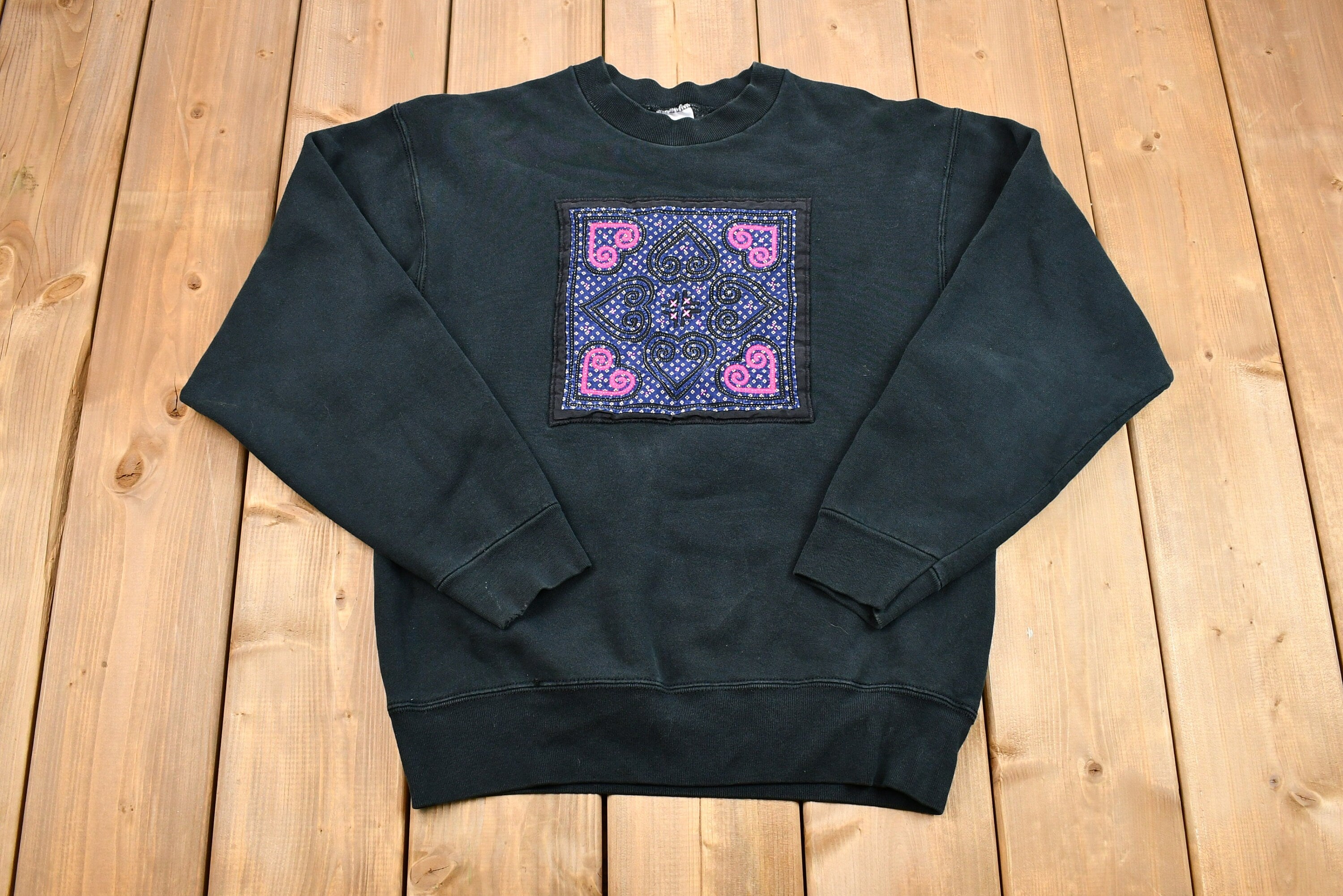 Vintage 1990s Heart Print Calico Patchwork Crewneck Sweatshirt