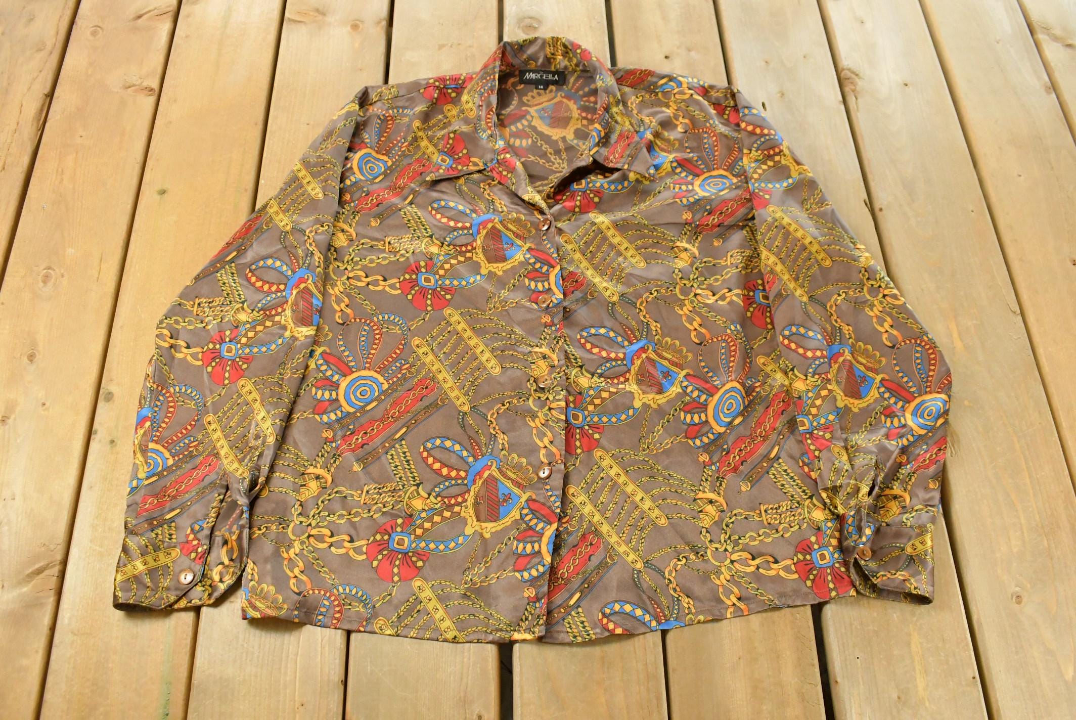 Vintage 1990s Marcella Silk Style Button Up Shirt Women's XL / 90s Shirt / Abstract Pattern / Casual Shirt / All Over Print