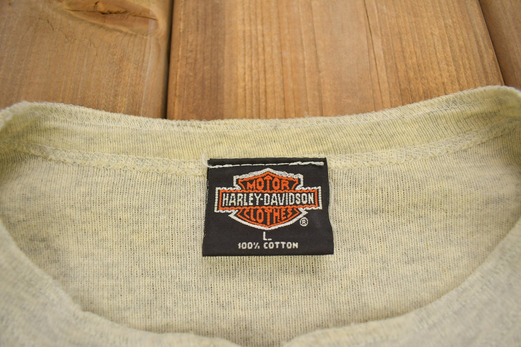 Vintage 1993 Harley Davidson Villa Park Illinois Long Sleeve Henley Button T-Shirt