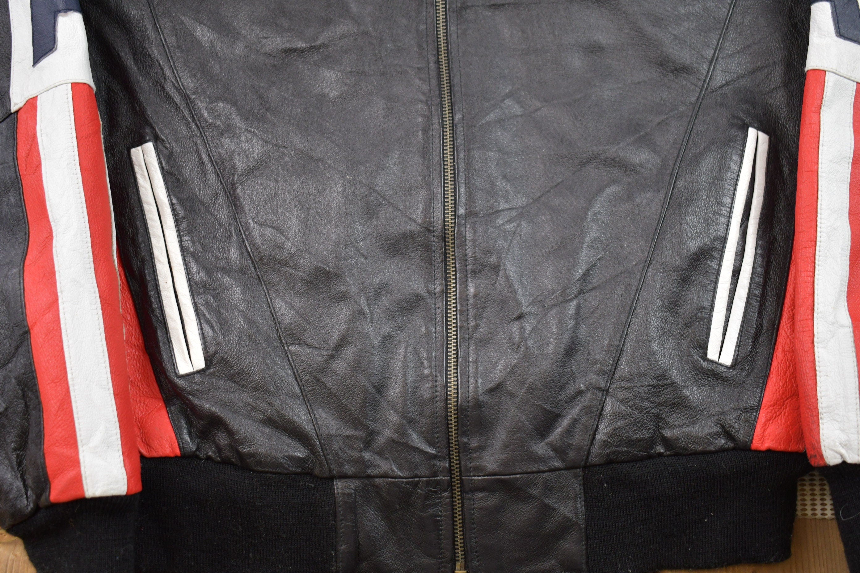 Vintage 1990s Michael Hoban Wheremi American Flag USA Leather Varsity Jacket / Fall Outerwear Leather Coat / Streetwear Fashion