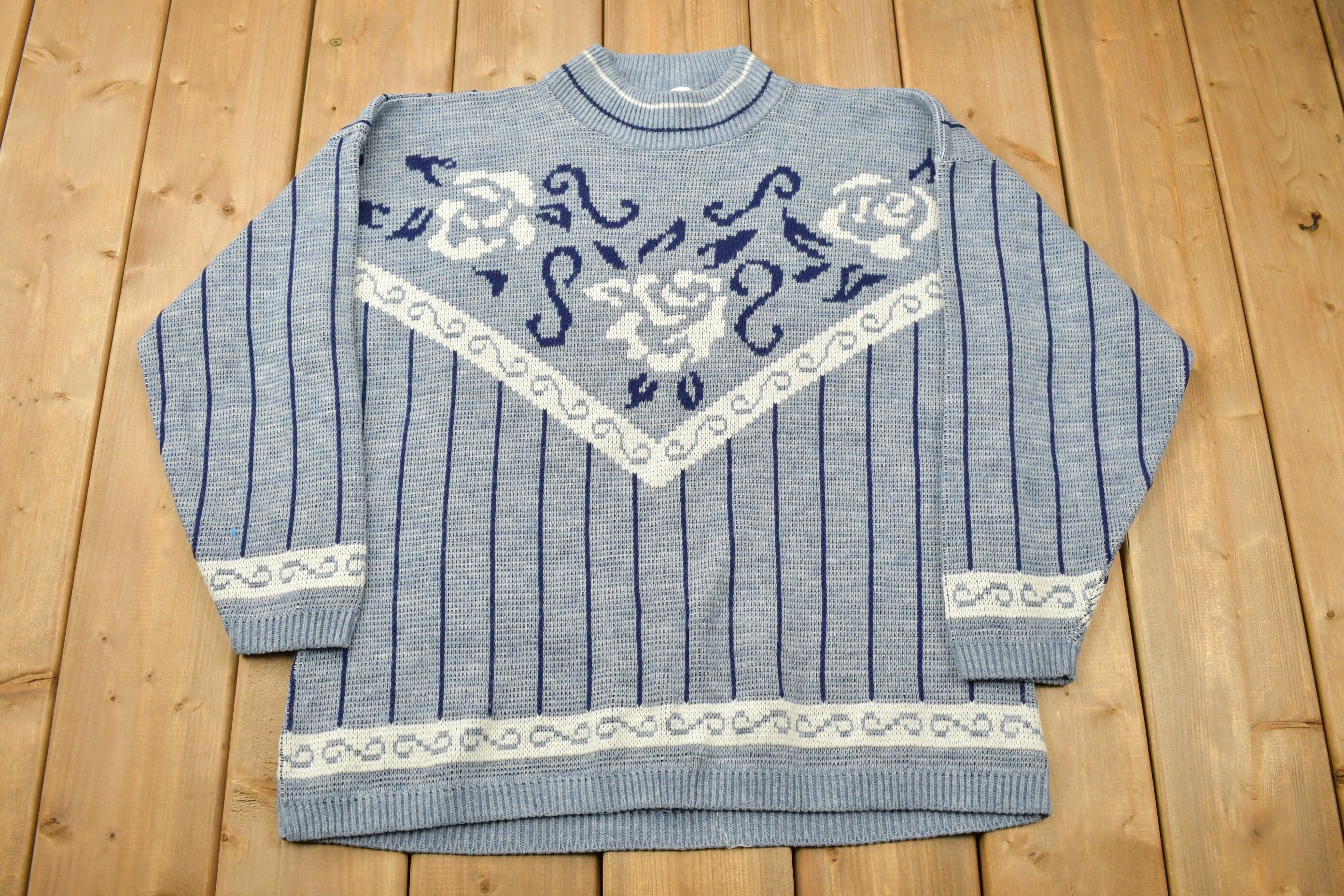 Vintage 1990s Village Fair Floral Theme Knit Mockneck Sweatshirt
