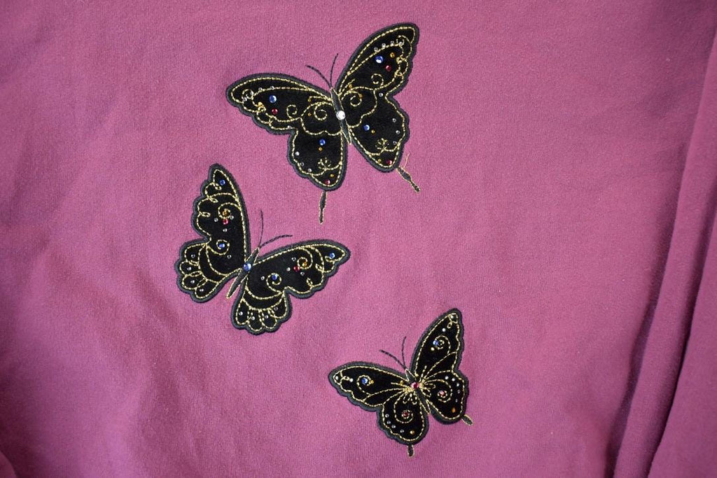 Vintage 1990s Top Stitch Double Collar Embroidered Butterfly Cute Crewneck Sweater