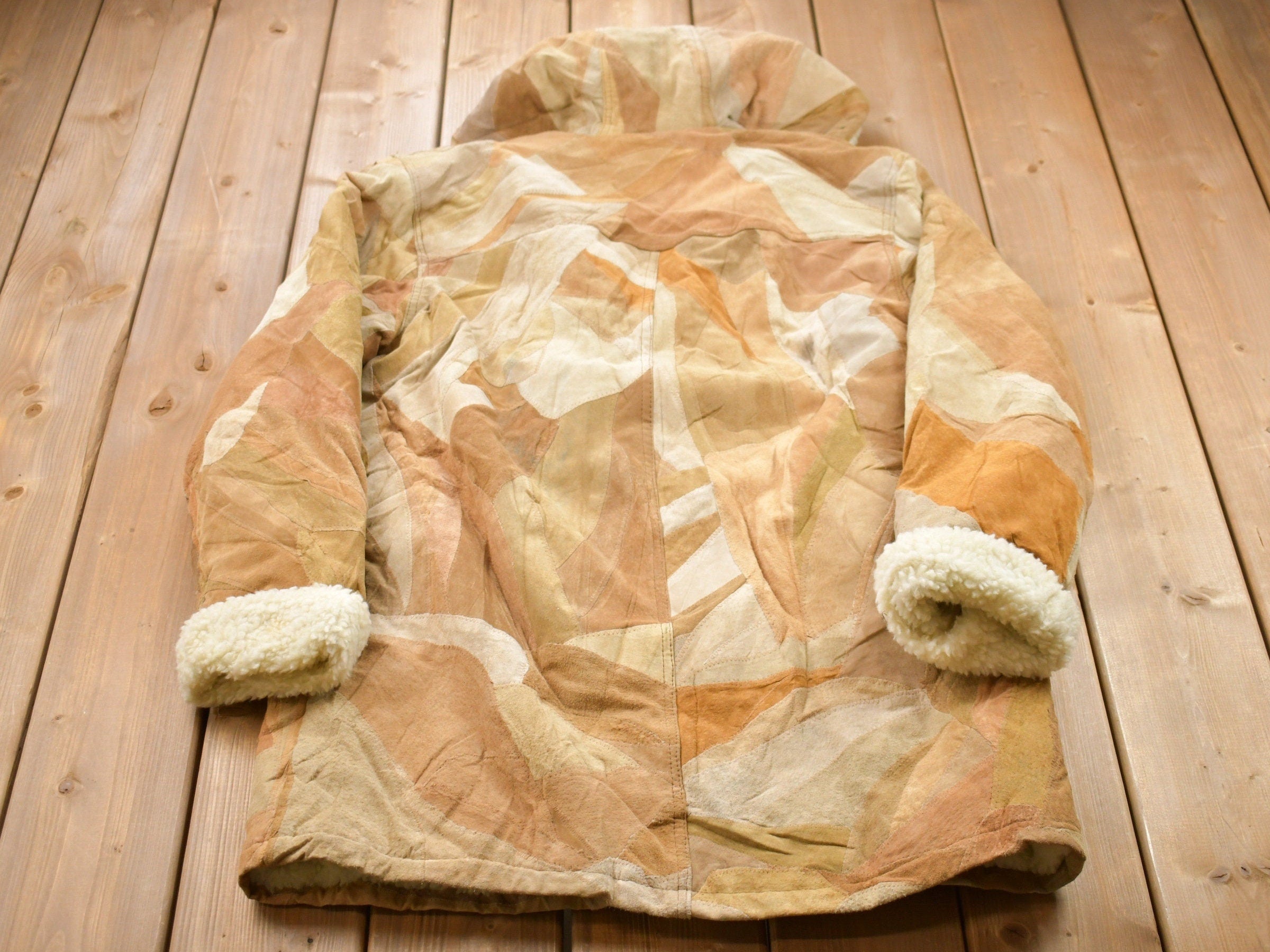 Vintage 1980s Patchwork Shearling Hooded Jacket