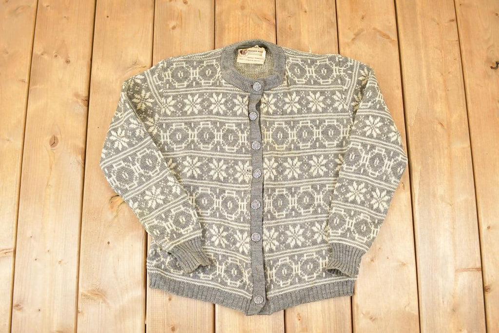 Vintage 1970's Bemidji Abstract Snowflake Wool Knit Cardigan Sweater Men's S
