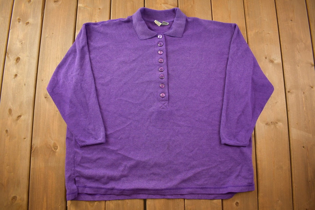 Vintage 1990s Basic Editions Woman Purple Blank Half Buttoned Boxy Polo Sweatshirt