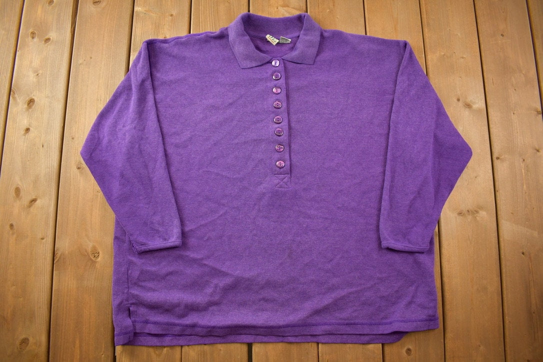 Vintage 1990s Basic Editions Woman Purple Blank Half Buttoned Boxy Polo Sweatshirt