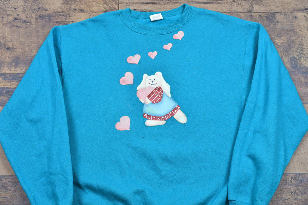 Vintage 1990s Bunny Rabbit Crewneck / Love & Hearts Sweatshirt / Stedman Pullover Sweatshirt / Made In USA / Streetwear