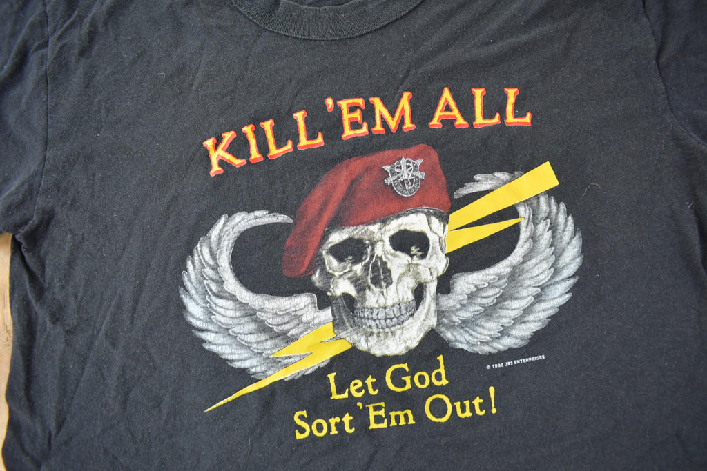Vintage 1986 Military Skull Graphic Single Stitch T-Shirt Made In USA