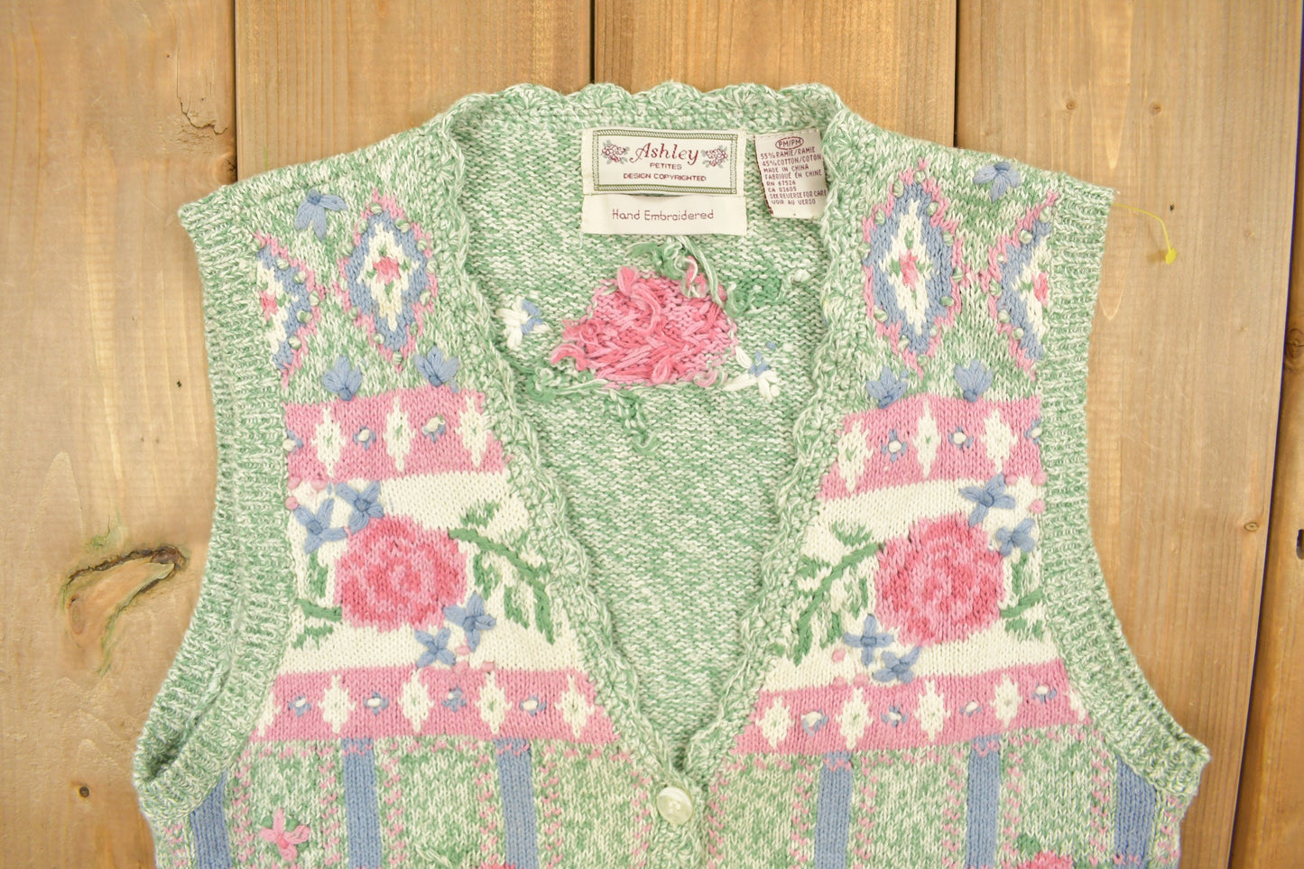 Vintage 1980s Ashley Womens Knit Cardigan Sweater Vest / Vintage Cardigan / Button Up / Floral / Embroidered / All Over Pattern