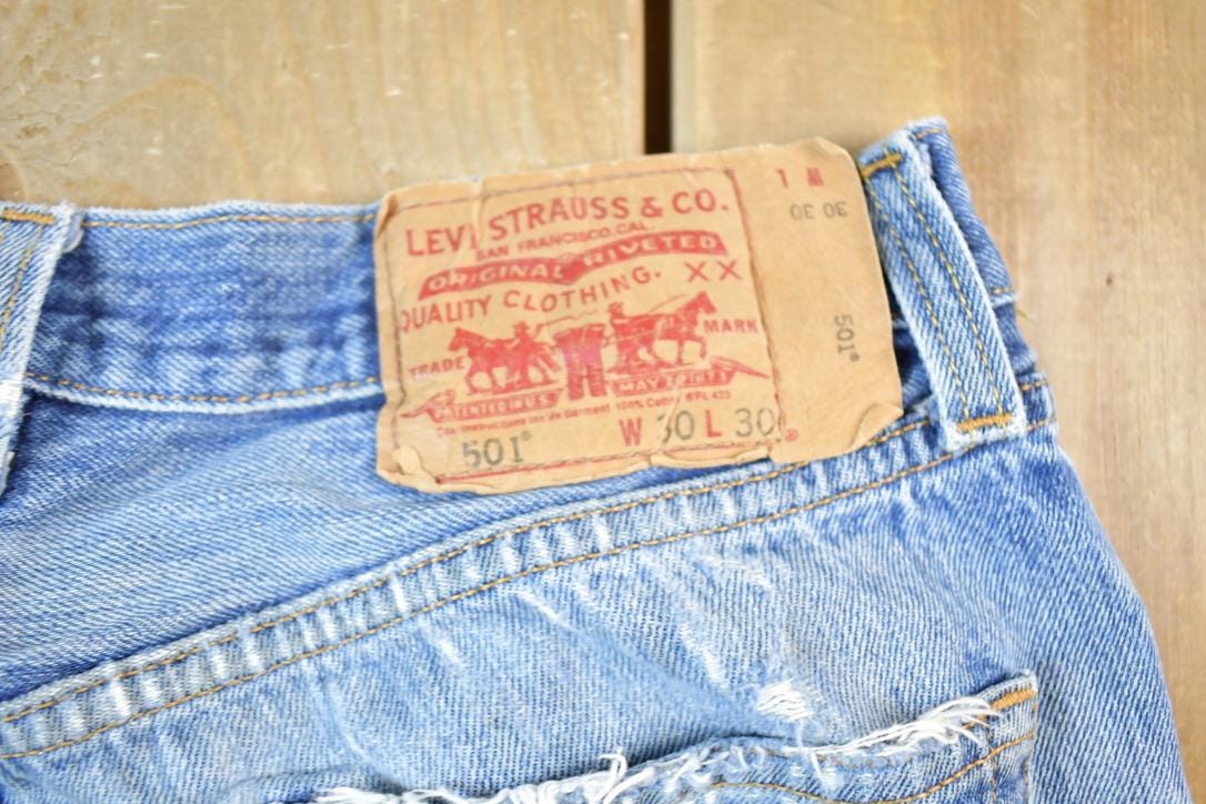 Vintage 1990s Perfectly Distressed Levi Strauss Red Tab 501 Denim Jeans Size 30 x 30 Made In USA