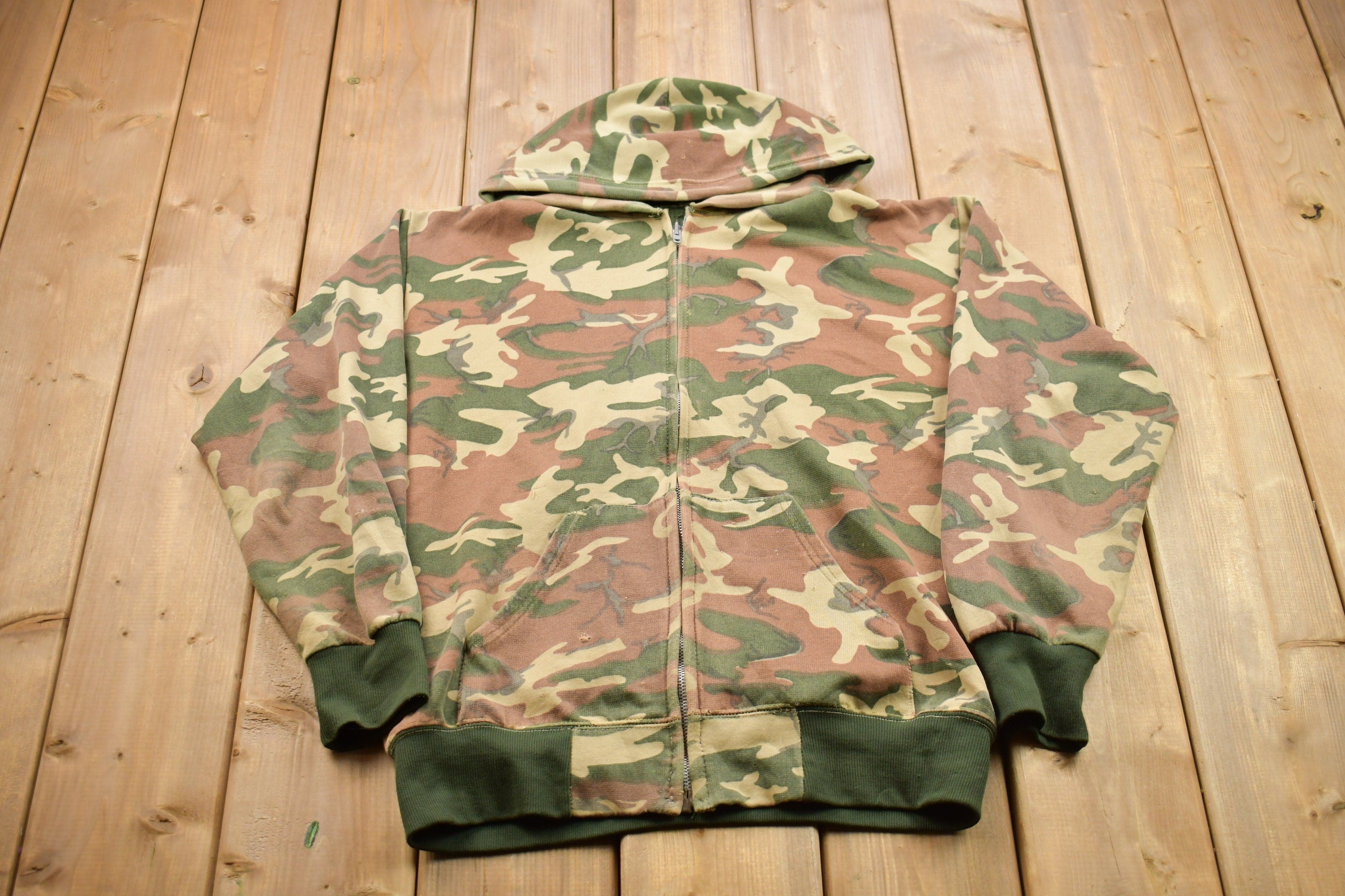 Vintage 1990s Distressed Camouflage Zip Up Hoodie  90s Hoodie  Vintage Sweater  Color Block  Camo Zip Up  Camo Hoodie  Camo Sweater