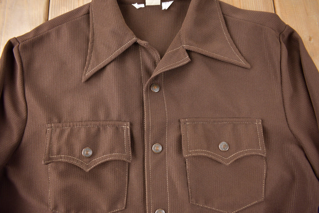 Vintage 1970s Levi's Western Style Brown Button Up Shirt Made in USA Size XL