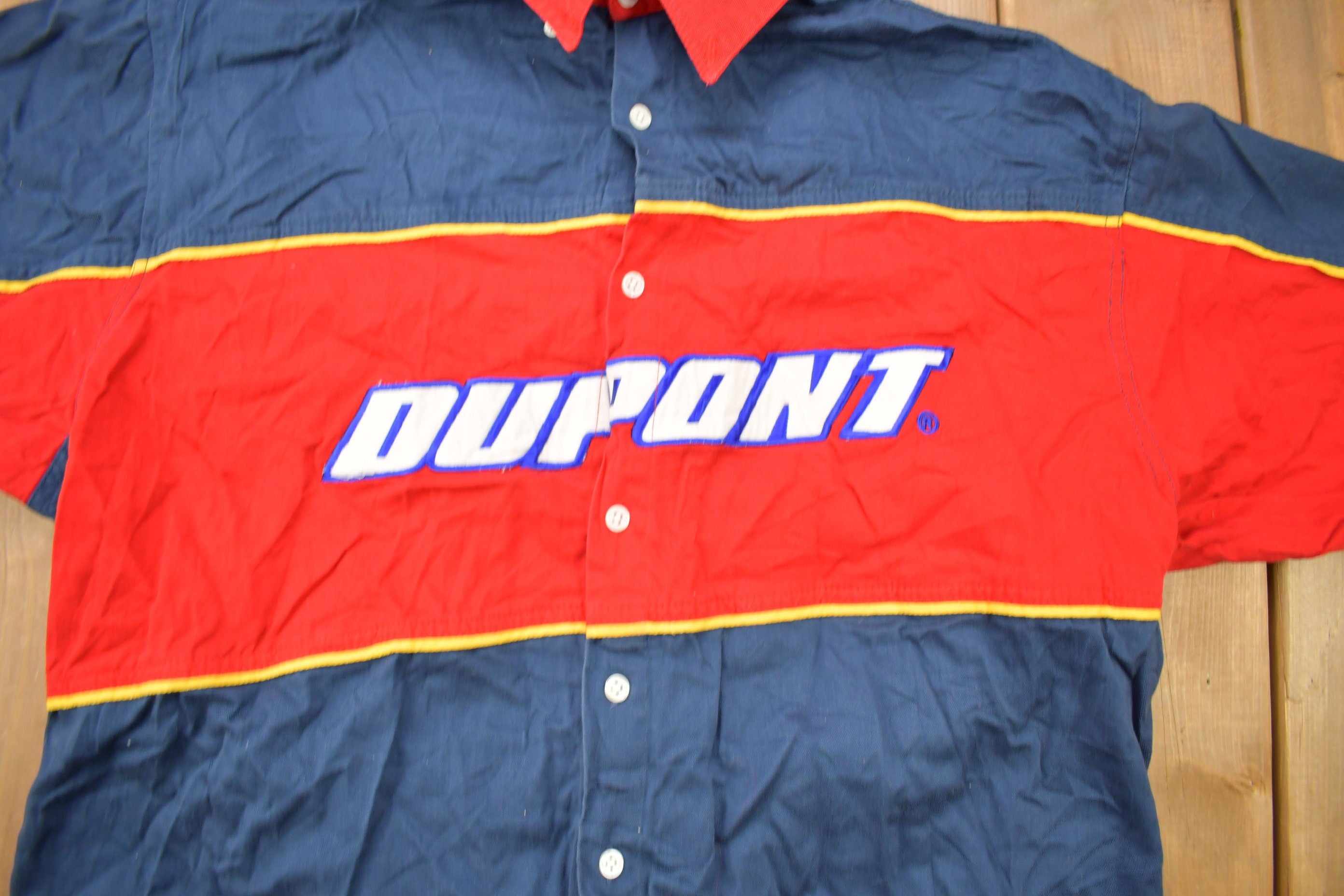 Vintage 1990s Jeff Gordon Dupont NASCAR Pit Crew Shirt  90s  Y2K Style  Streetwear Fashion  Embroidered Patchwork  Racing  Color Block