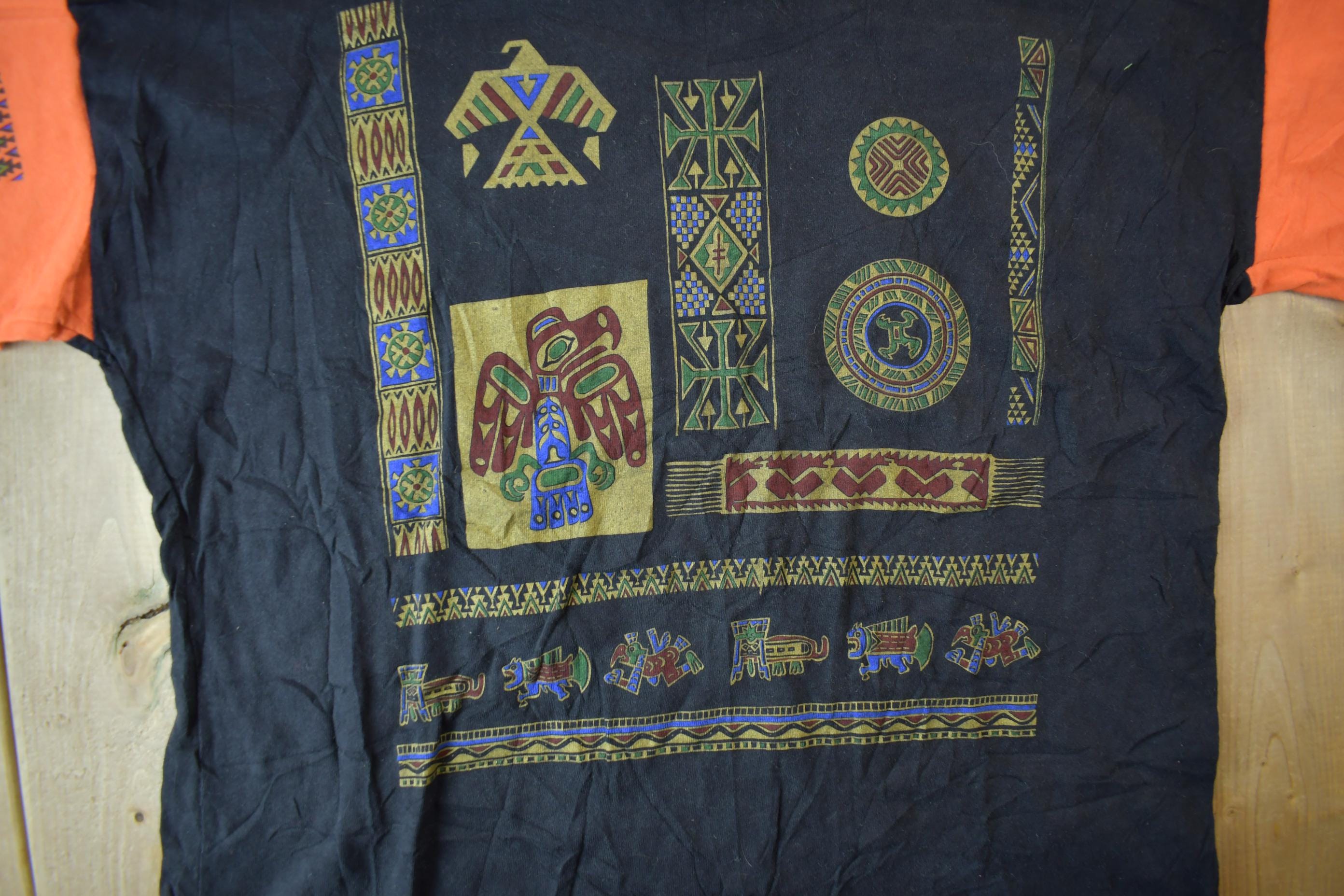 Vintage 1990s Aztec Mayan Theme Single Stitch Graphic Hooded T-Shirt Made In UK