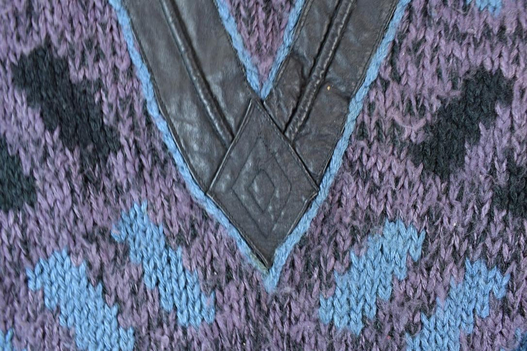 Vintage 1990s Street Scenes Knit Leather Patch Crewneck Sweater