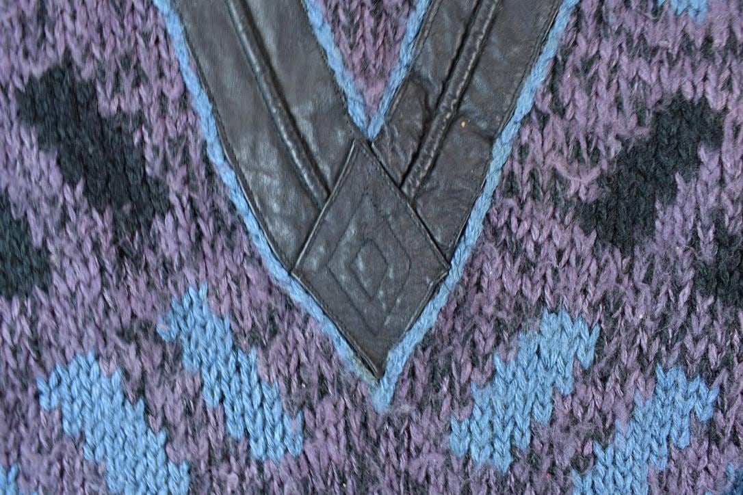 Vintage 1990s Street Scenes Knit Leather Patch Crewneck Sweater