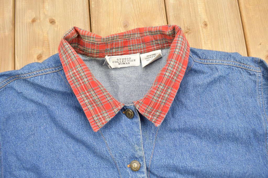 Vintage 1990s Studio Collection Plaid Collar Denim Button Up Shirt
