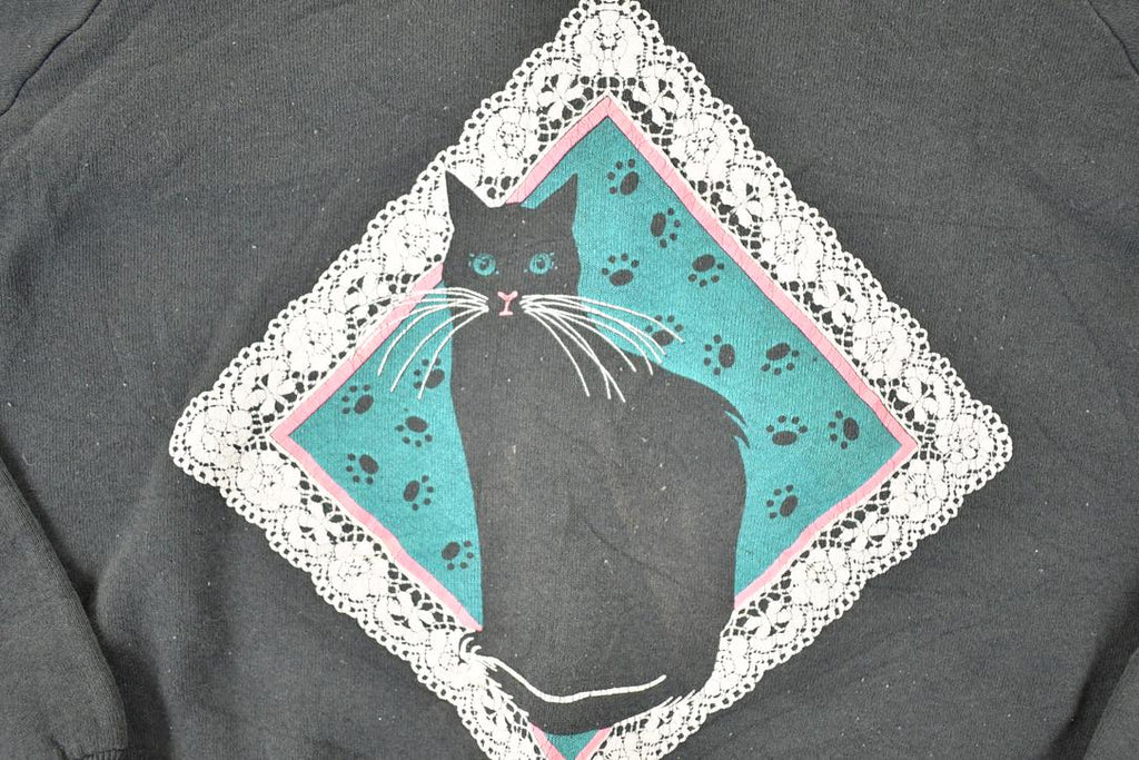 Vintage 1980s Lace Cat Collared Crewneck Sweatshirt Women's L