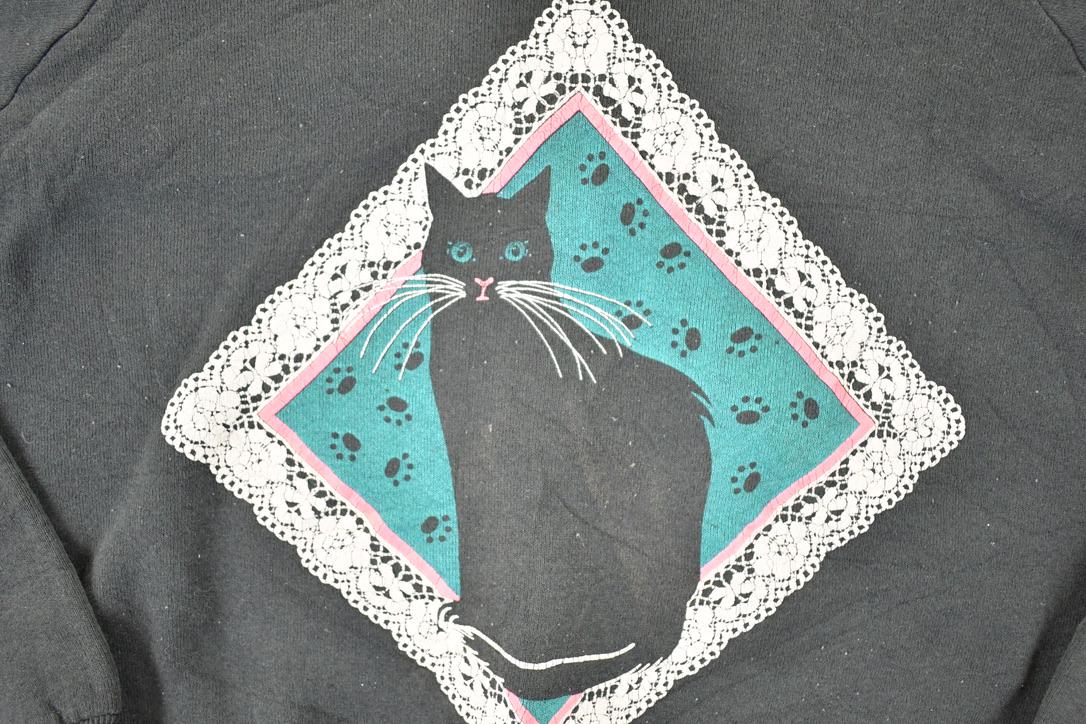 Vintage 1980s Lace Cat Collared Crewneck Sweatshirt Women's L