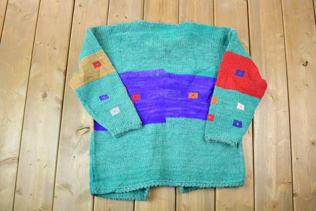 Vintage 1990s Colour Block Button Up Knit Crewneck Sweater / 90s Crewneck / Made In USA / Preppy