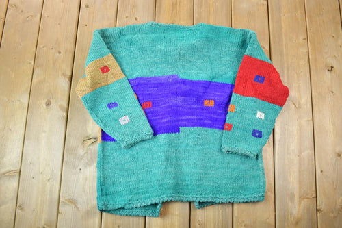 Vintage 1990s Colour Block Button Up Knit Crewneck Sweater / 90s Crewneck / Made In USA / Preppy