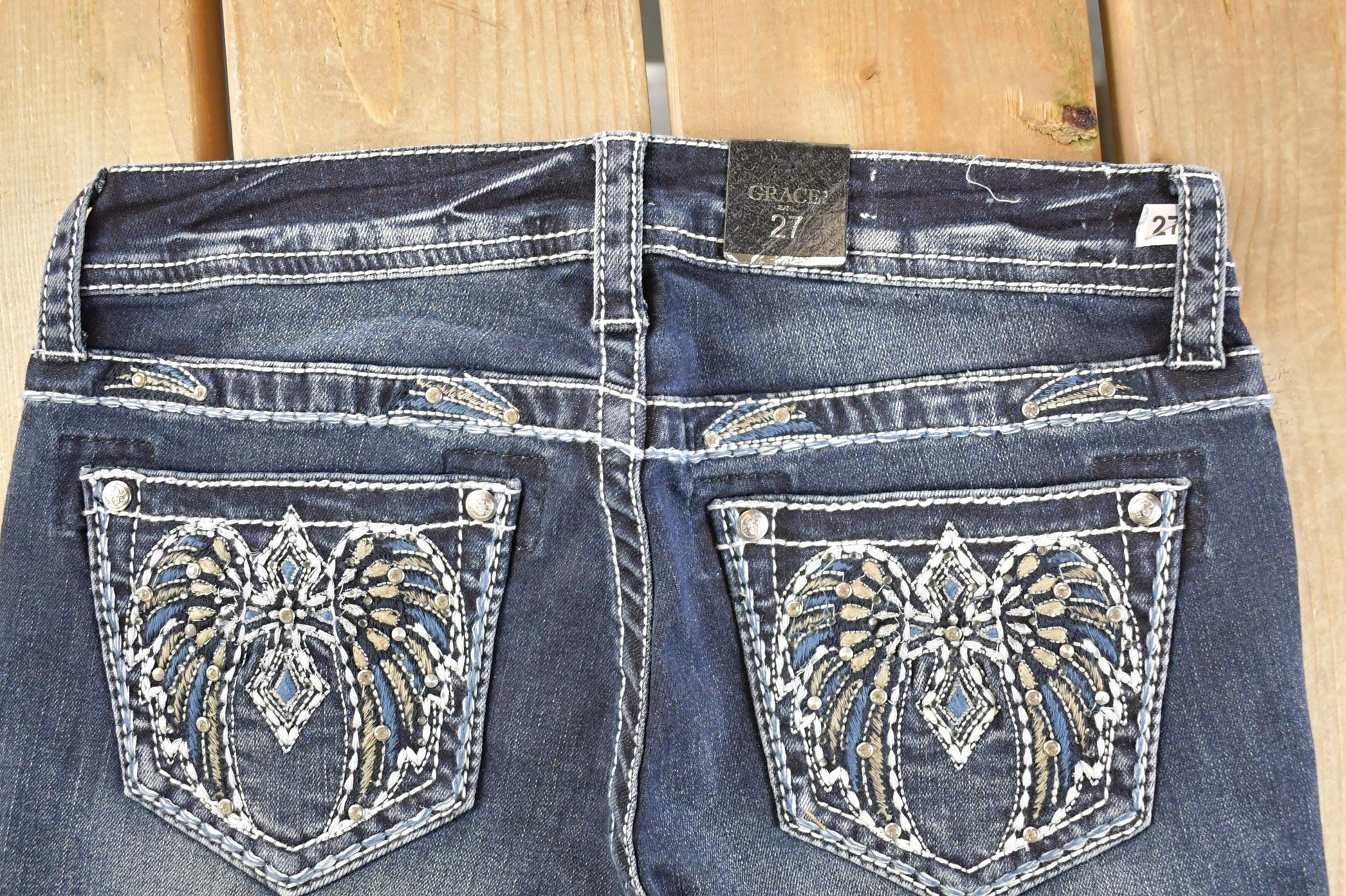 Vintage Deadstock Y2K Grace In LA Bedazzled Bootcut Low Rise Jeans Women's Size 27 x 32