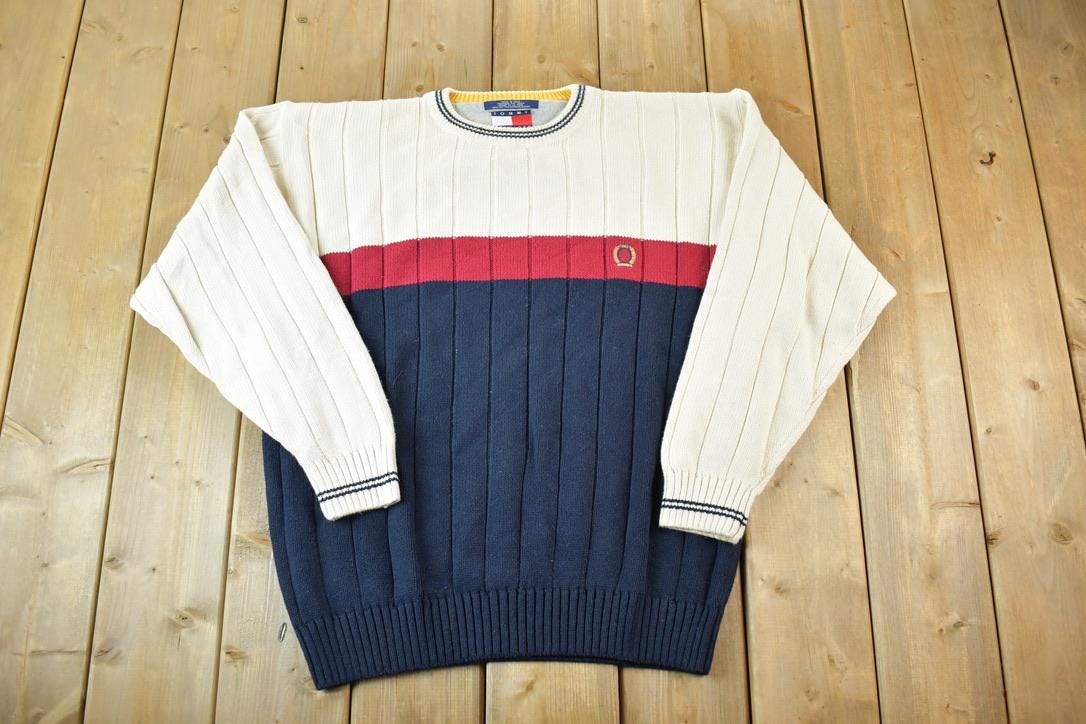 Vintage 1990s Tommy Hilfiger 3D Colored Cable Knit Crewneck Sweater  Vintage 90s Crewneck  Abstract Patterns  Streetwear