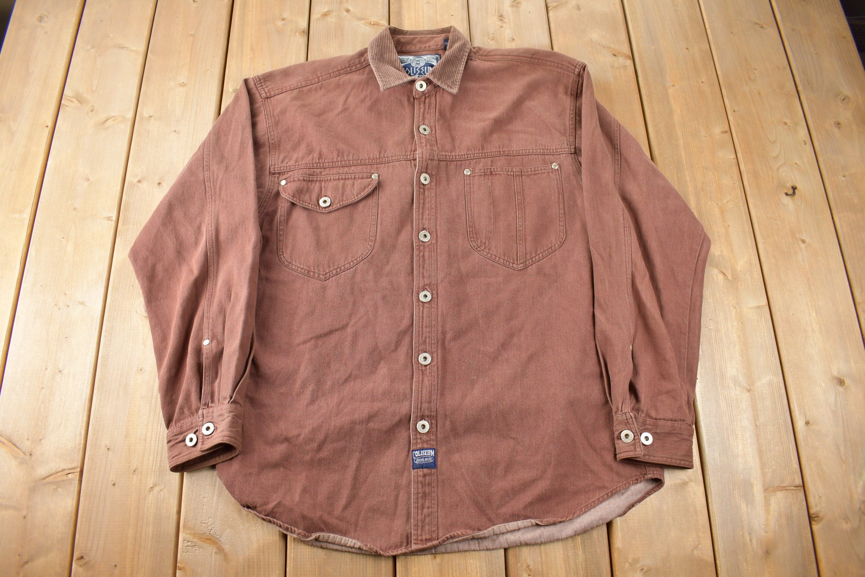 Vintage 1990s Coliseum Brown Corduroy Collar Blank Button Up Shirt Size Large