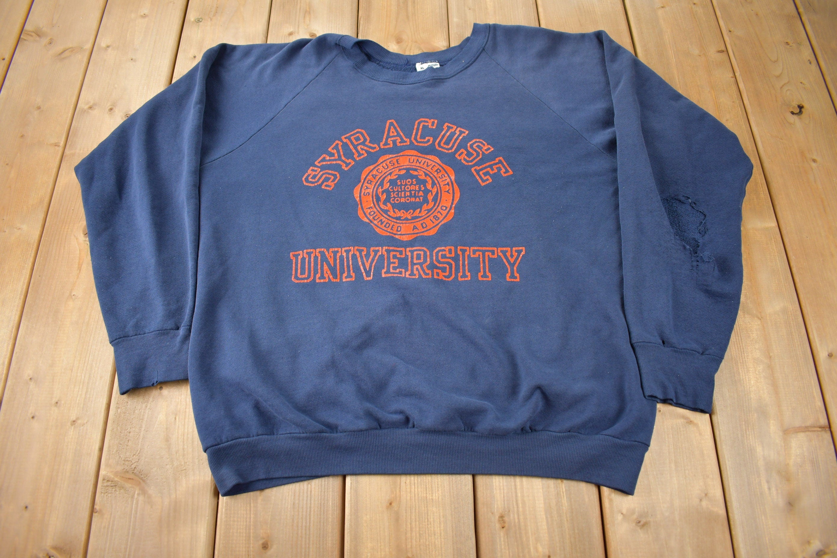 Vintage 1980s Syracuse University Distressed Collegiate Raglan Crewneck Made In USA