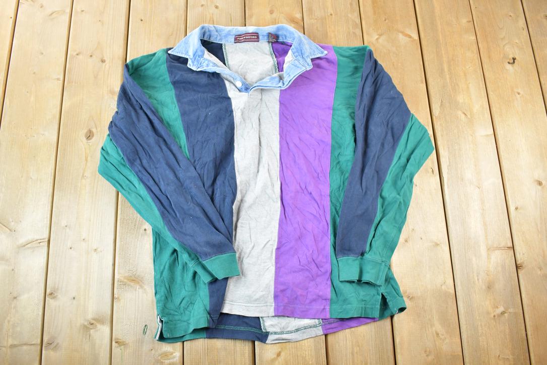 Vintage 1990s John Ashford Quarter Button Striped Souvenir Sweatshirt Made In USA