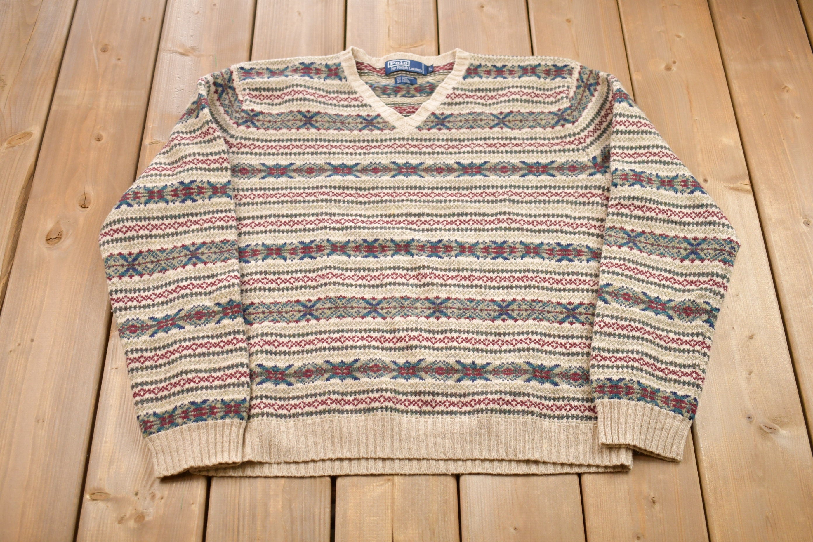 Vintage 1980s Polo Ralph Lauren Aztec All Over Print Knitted Crewneck Sweater