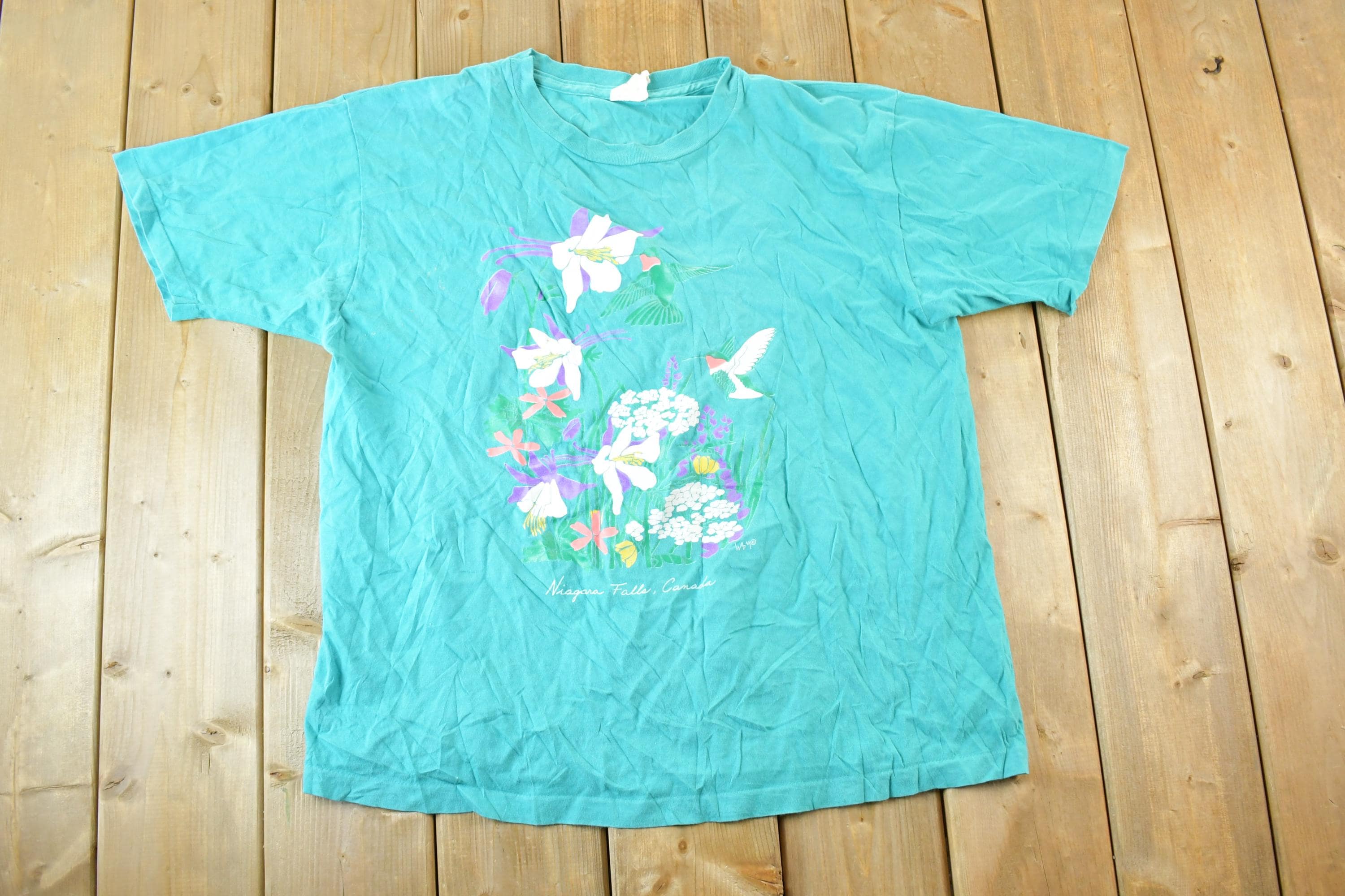 Vintage 1990s Niagara Falls Canada Floral Print Souvenir T-Shirt Men's L
